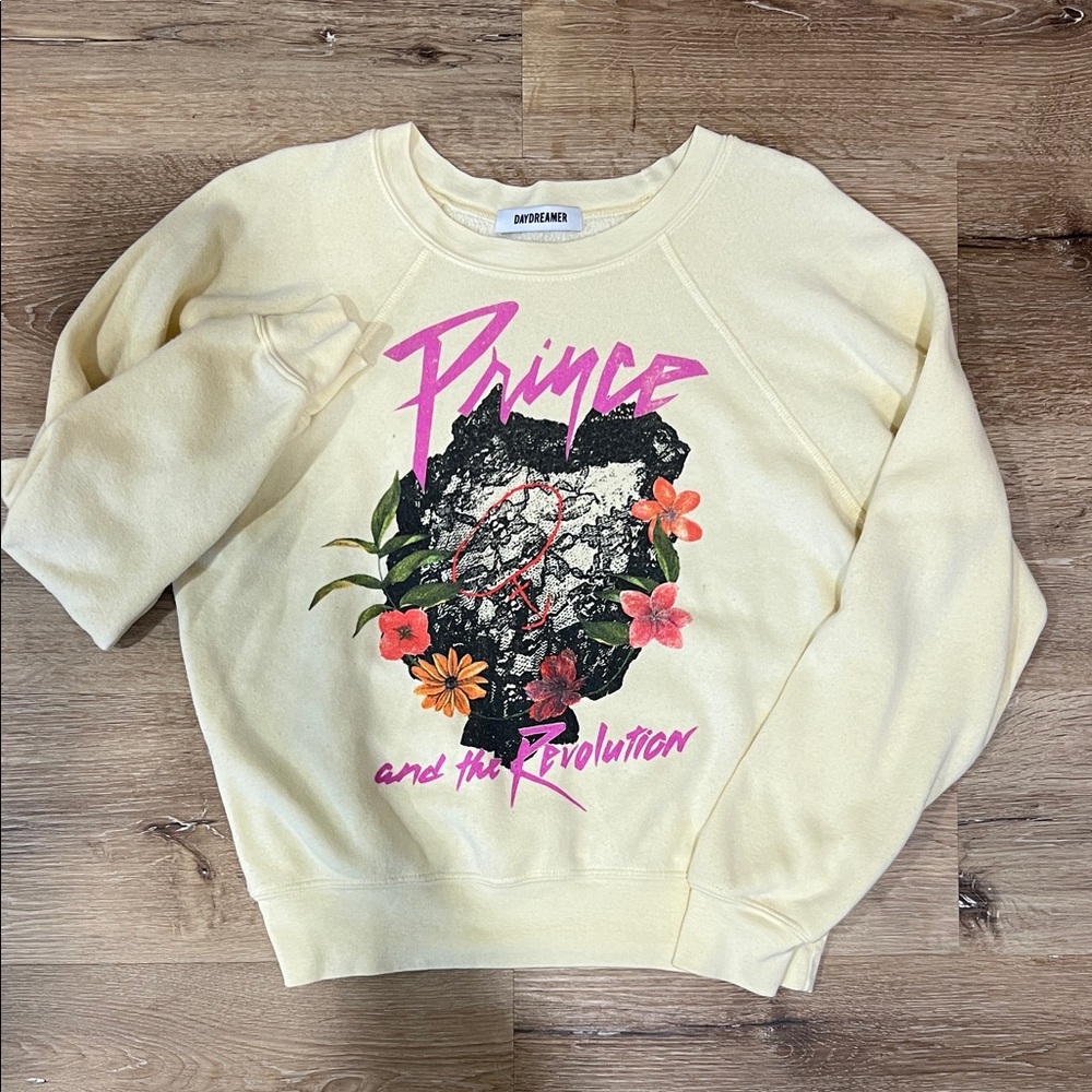Daydreamer Yellow Prince Graphic Crewneck Sweatshirt with Pink & Floral Accents